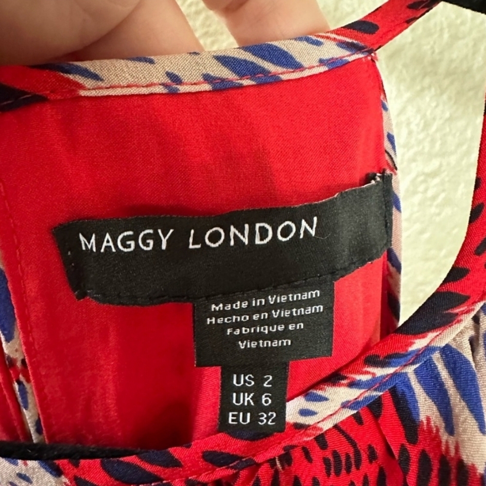 Maggy London Red and Blue Pattern Handkerchief Hemline Dress Size 2 - Picture 4 of 7